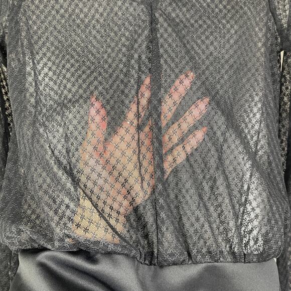 💋 Black Sheer Lattice Crosshatch Lace Bodysuit Long Sleeves Key Hole Forever 21 - Picture 13 of 16